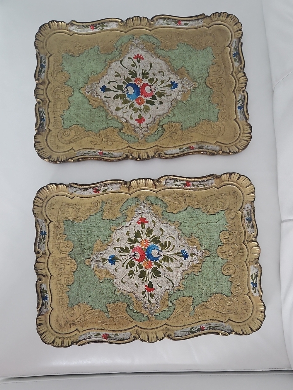Vintage Decorative Florentine Wood Serving Trays - Green and Gold (Set of 2)